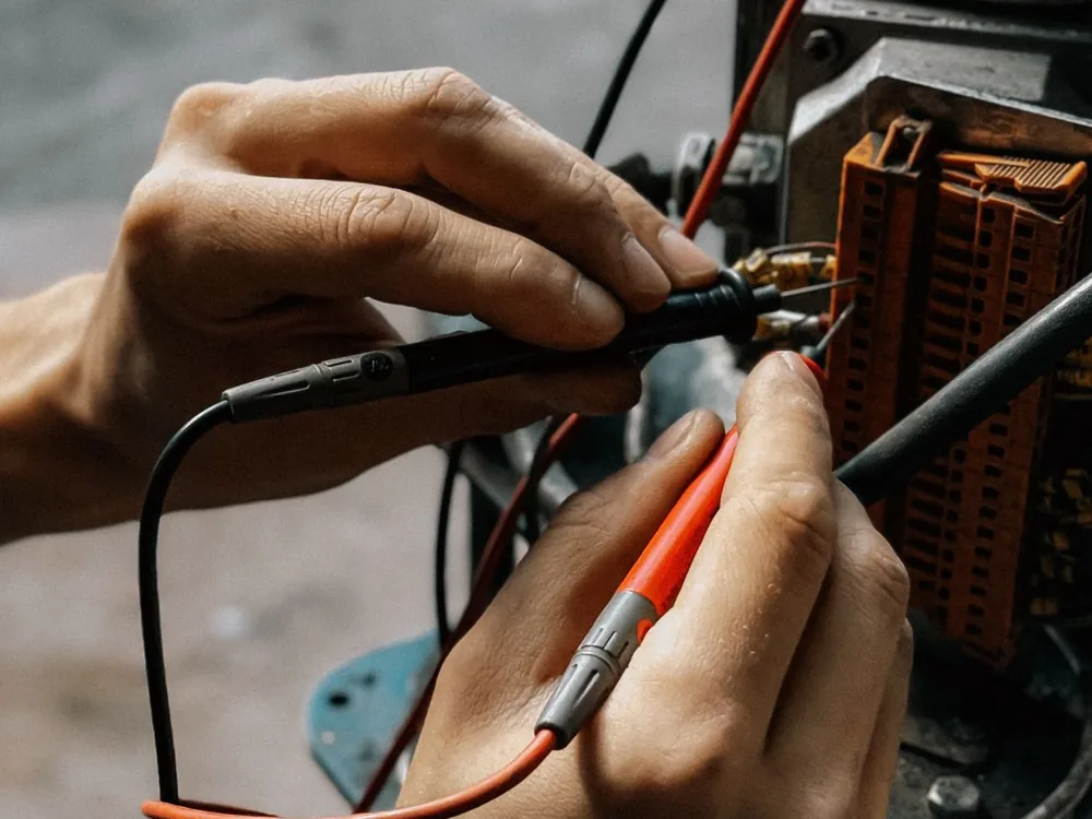 Technician testing motor terminal wiring and resistance with digital multimeter